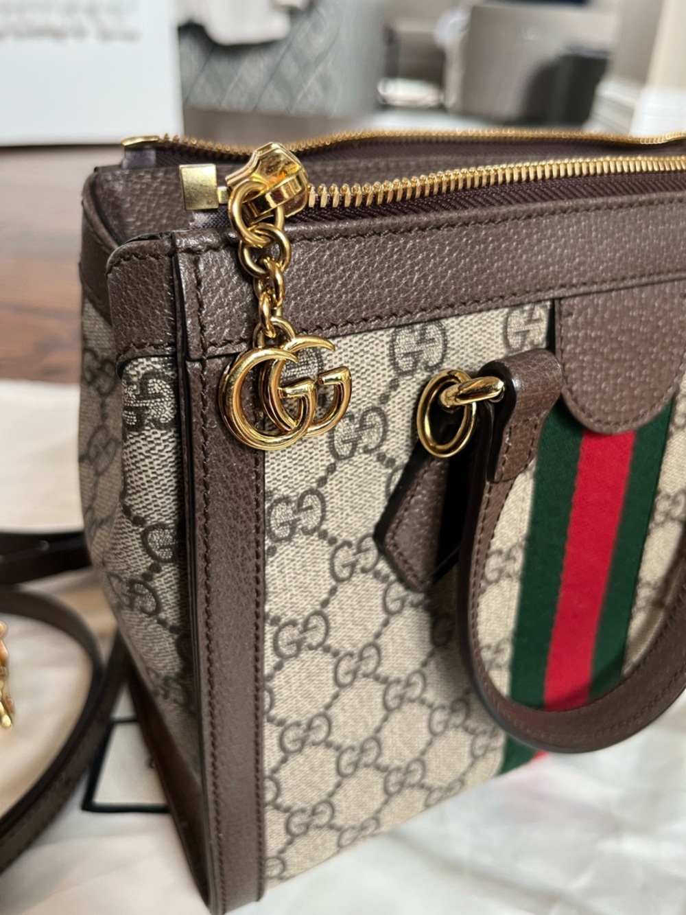 Gucci Convertible Brown GG Supreme Canvas Satchel with Green-Red Web Stripe - Picture 7 of 14